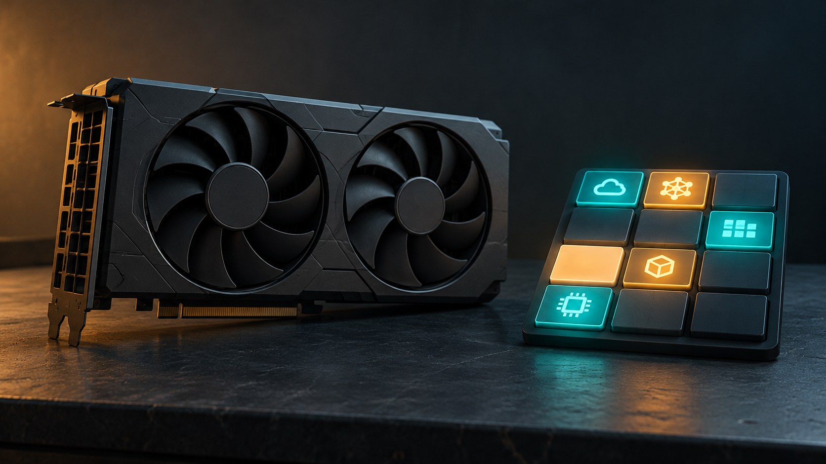 Illustration of an unbranded graphics card beside a grid of glowing teal and amber tiles.