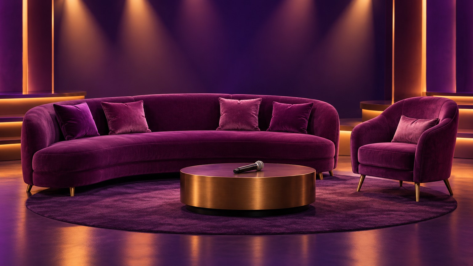 Conceptual illustration of an empty purple talk-show sofa and host armchair beside a low table with a microphone.