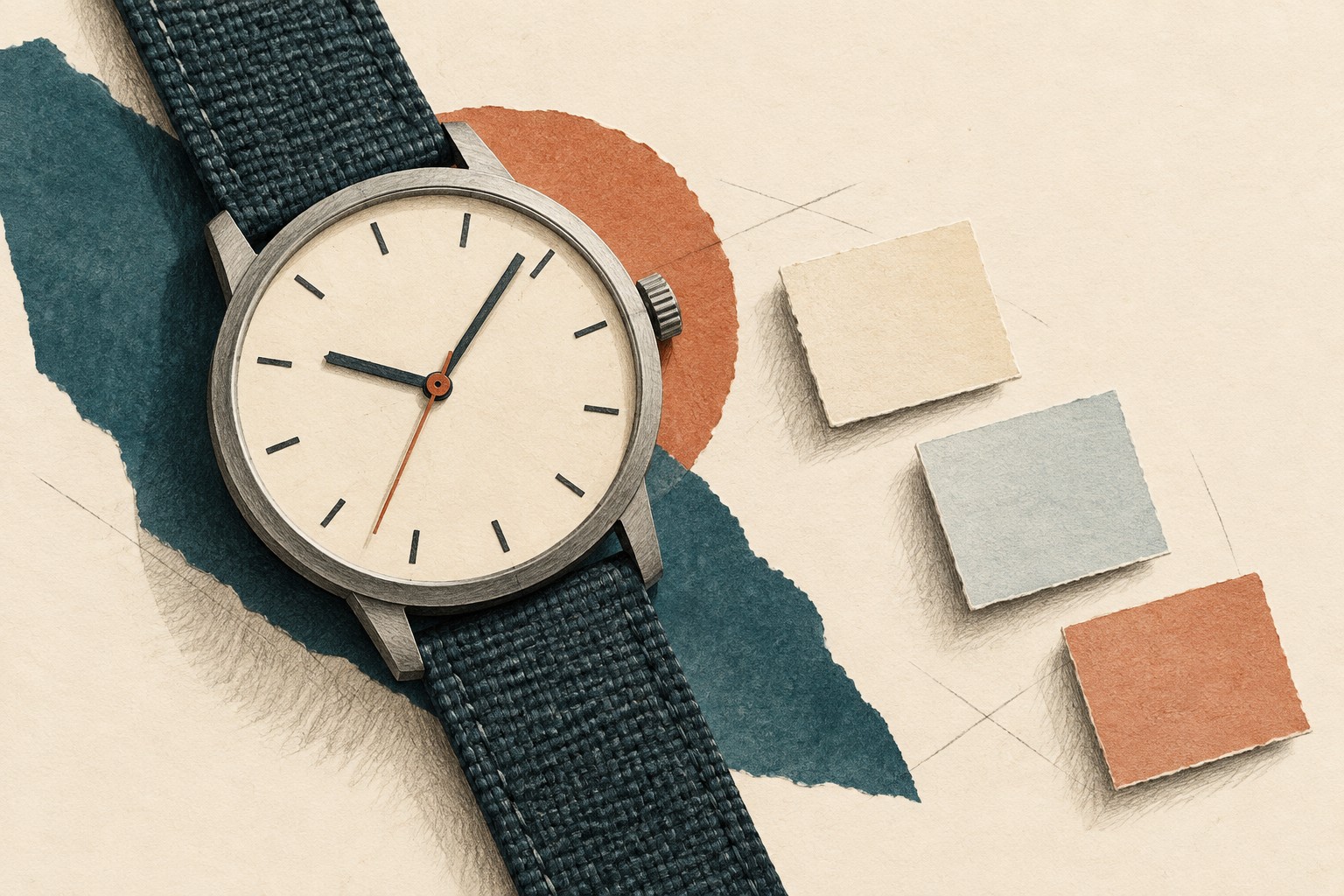 Cut-paper illustration of a plain analog watch with a fabric strap beside three blank paper tiles.
