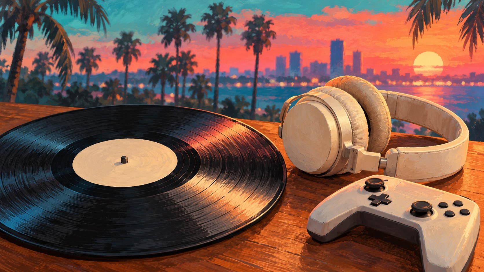 Illustration einer Schallplatte, cremefarbener Kopfhörer und eines Controllers auf einem Holztisch vor Palmen und einer Stadtkulisse im Sonnenuntergang.