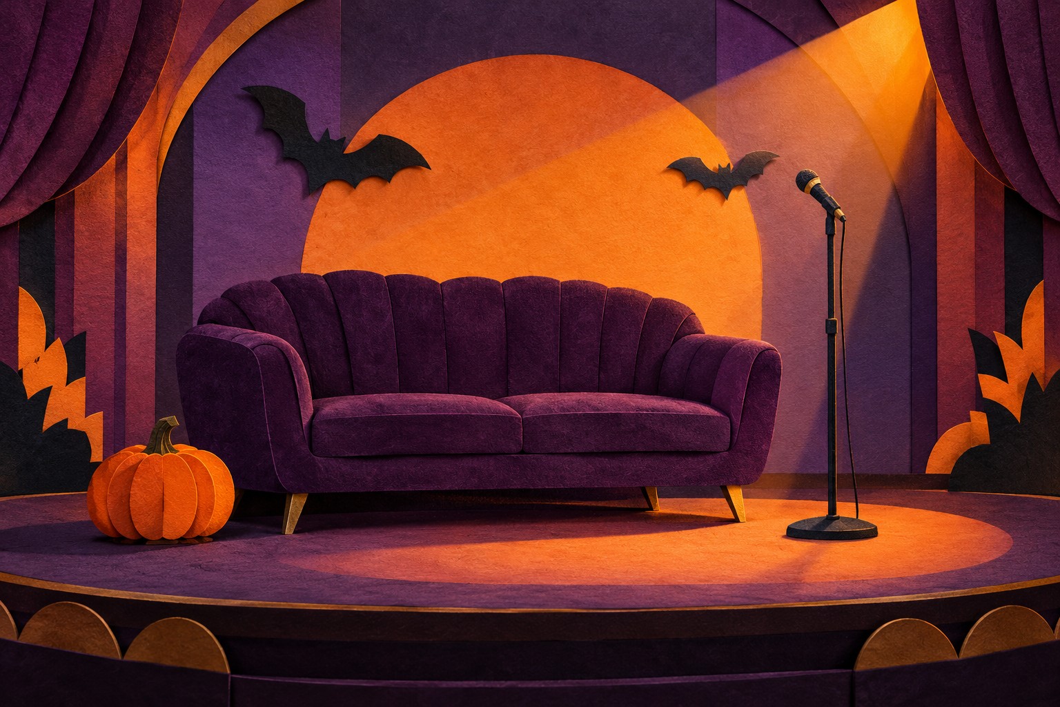 Paper-collage illustration of an empty purple sofa, a microphone, a pumpkin and bats on an invented comedy stage.