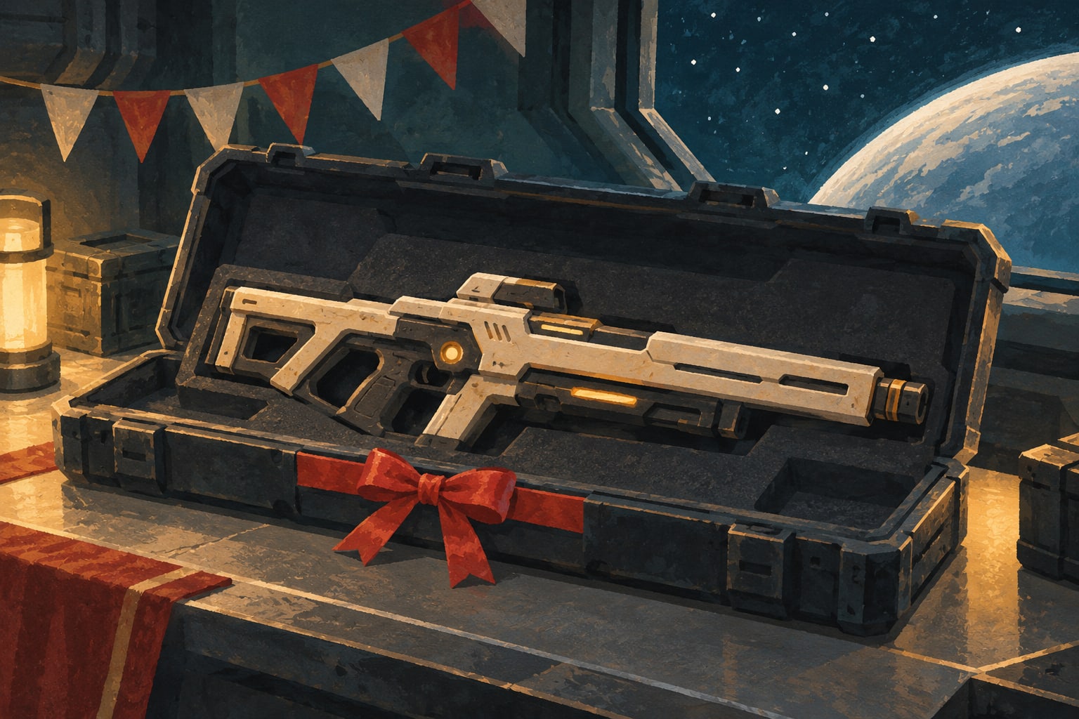 Illustration of a fictional science-fiction rifle in a ribboned equipment case on a spacecraft workbench, with pennants and a planet outside.