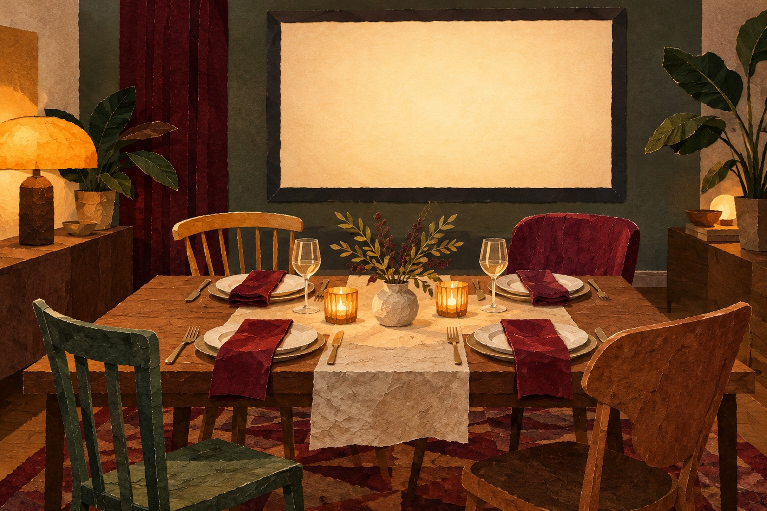 Paper-collage illustration of a dinner table set for four, mismatched chairs and a blank screen in an invented apartment.