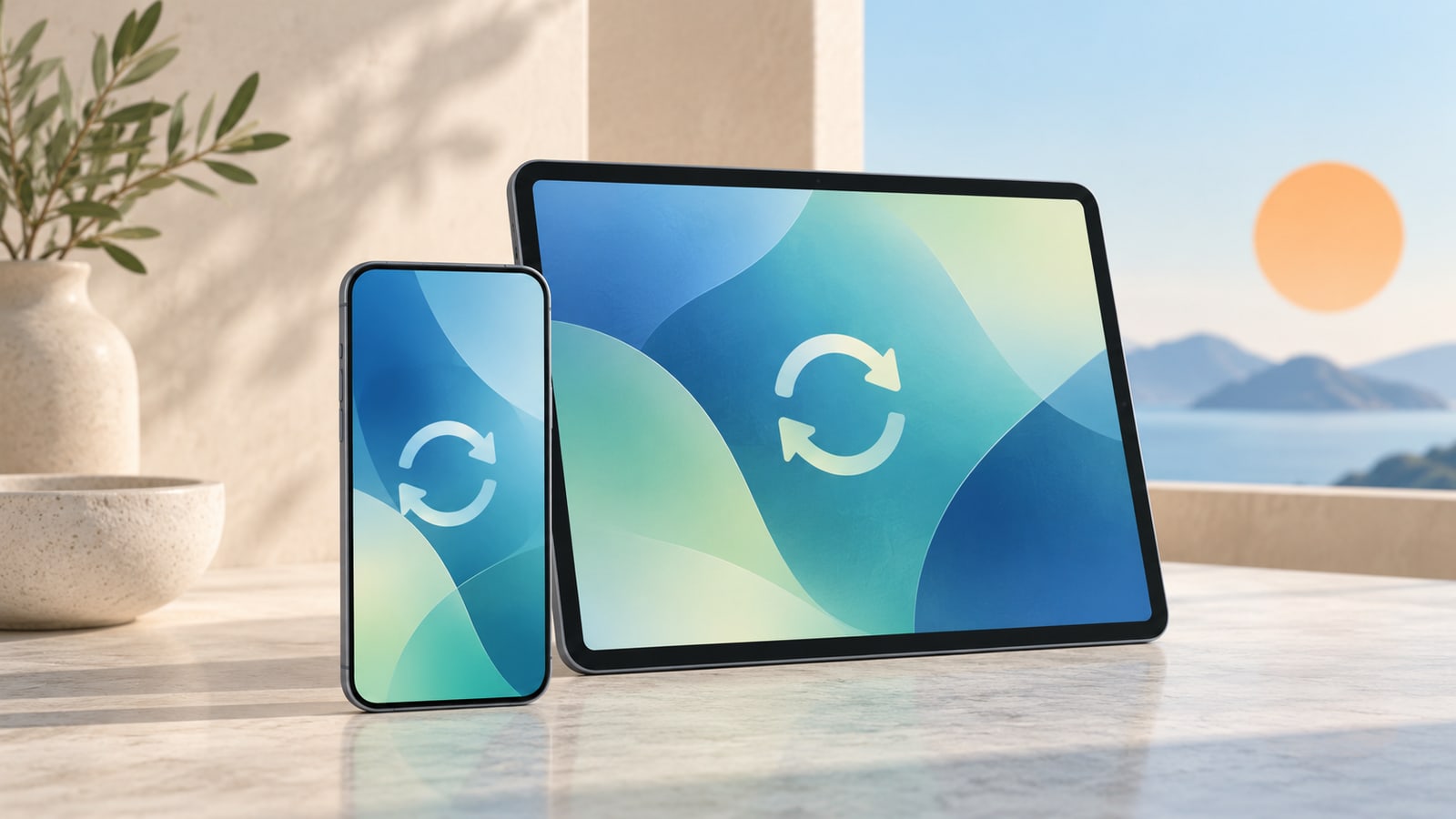 Illustration eines unbeschrifteten Smartphones und Tablets mit abstrakten Bildschirmen und Aktualisierungssymbolen.