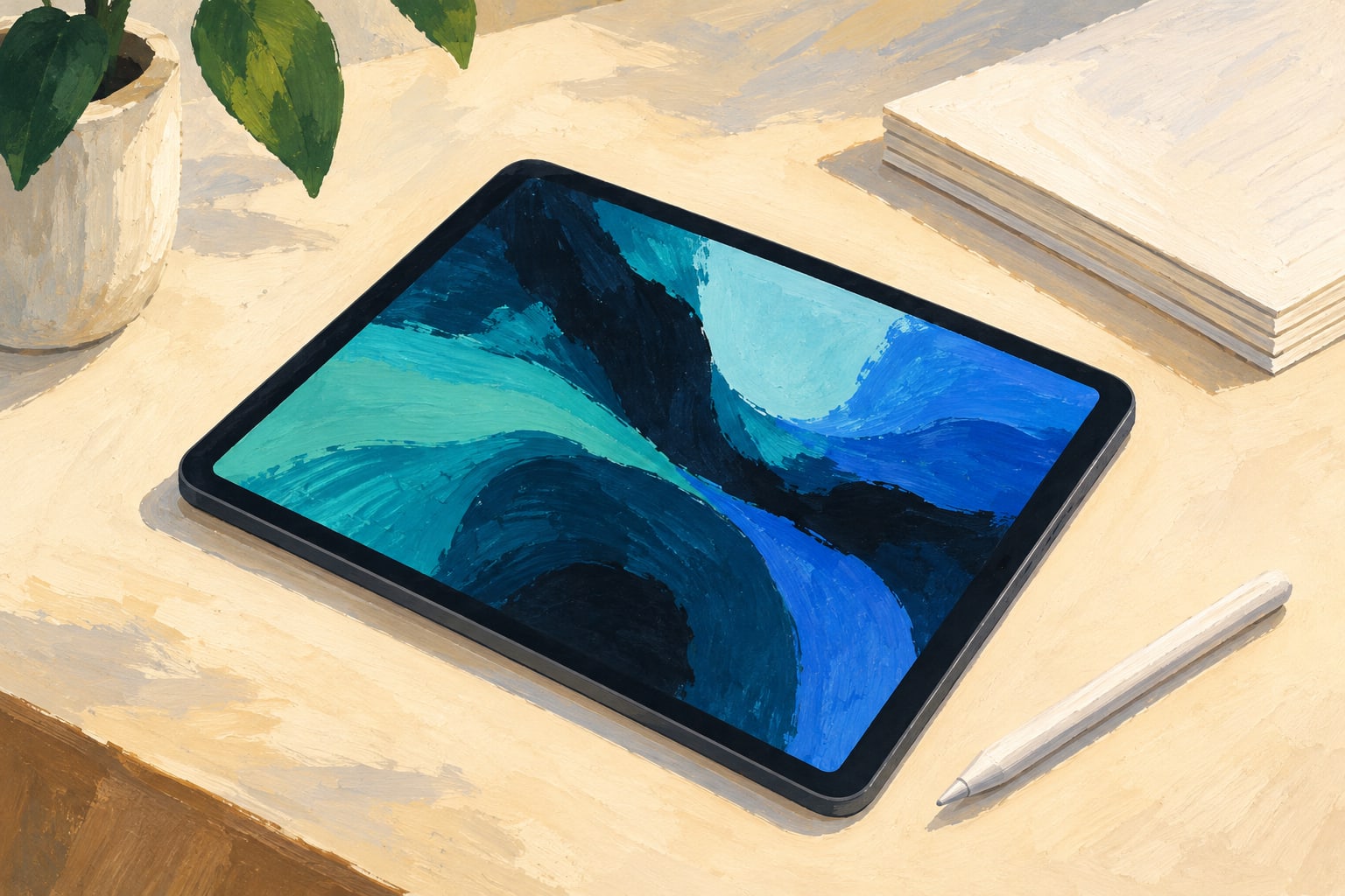 Illustration eines kompakten Tablets mit abstraktem türkisblauem Bildschirm, einem Stift und einem Papierstapel auf einem hellen Tisch.