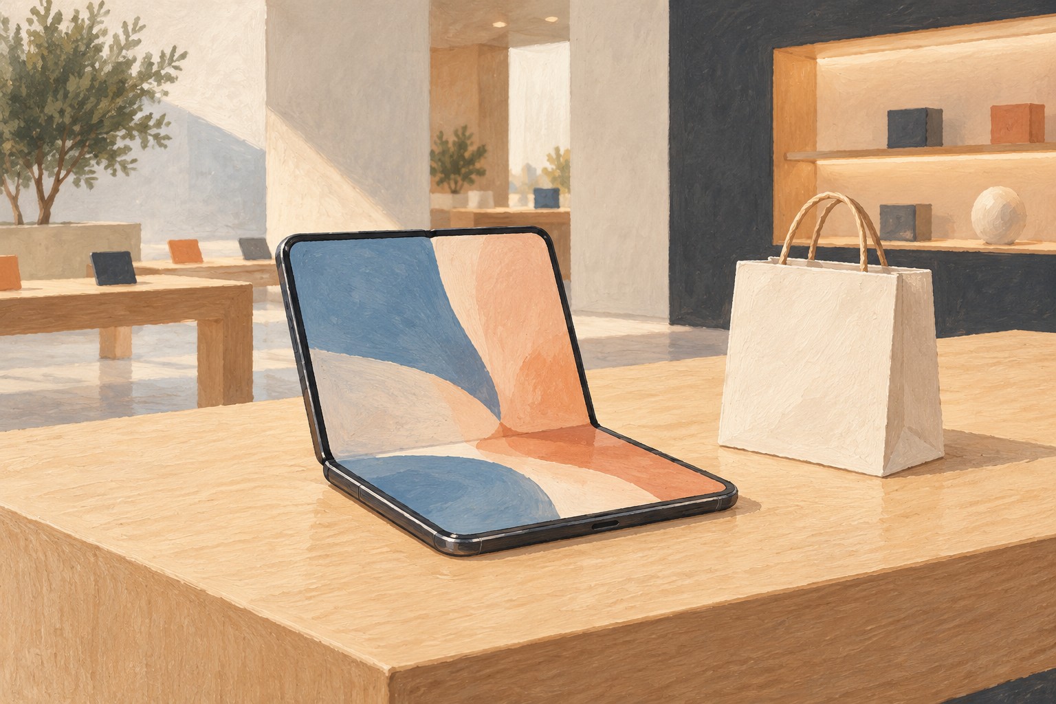 Gouache-style illustration of a generic foldable phone and a plain shopping bag on a retail counter.