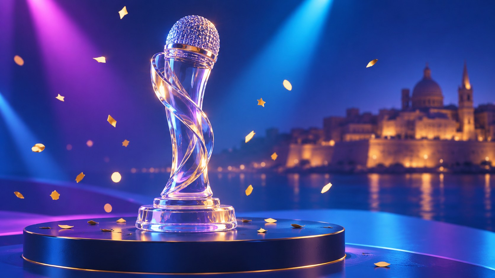 Illustration of a glass microphone trophy on a lit stage with gold confetti and a blurred city backdrop.