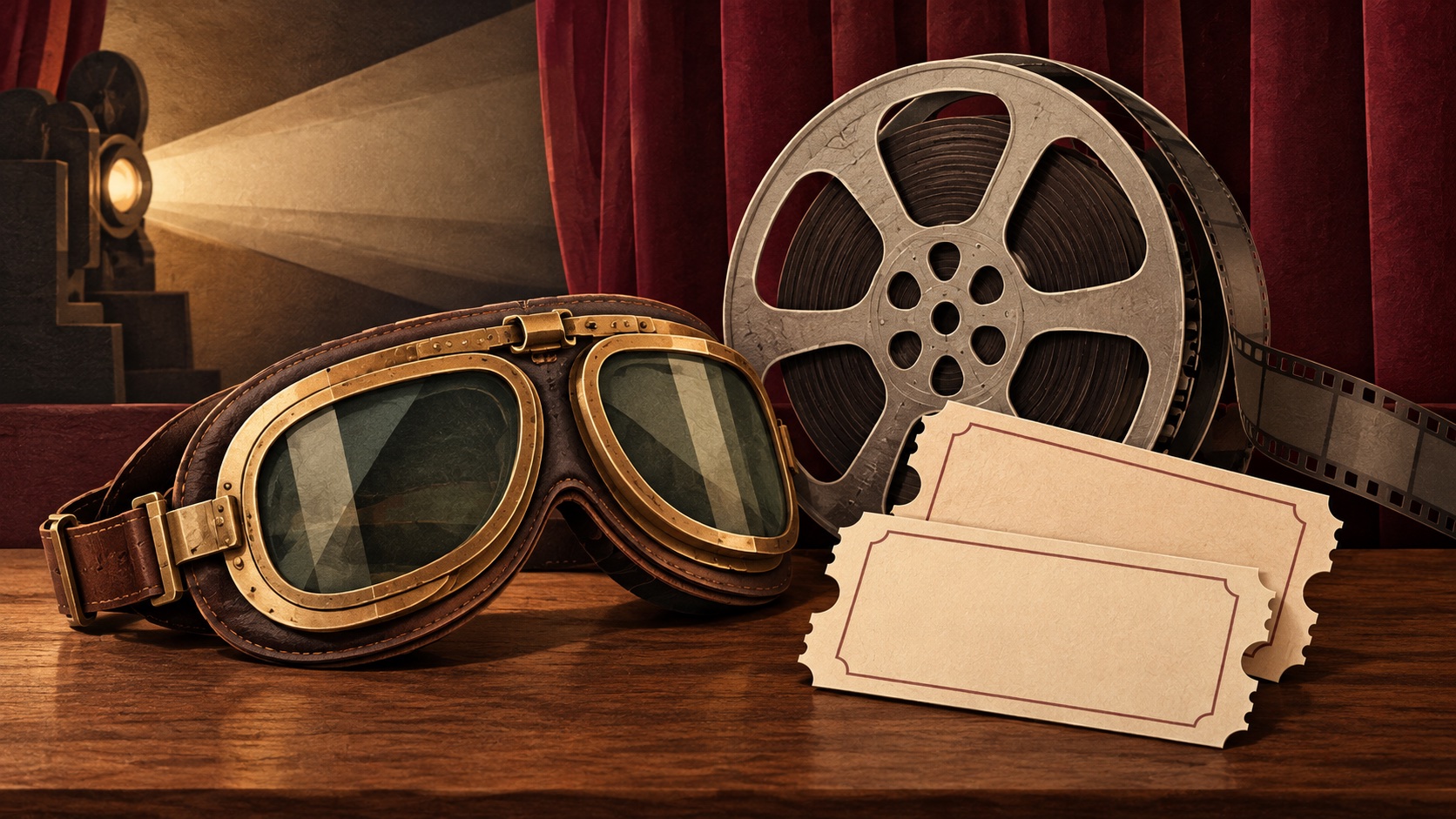 Illustration of aviator goggles, a film reel and two blank tickets beside a cinema projector and red curtain.