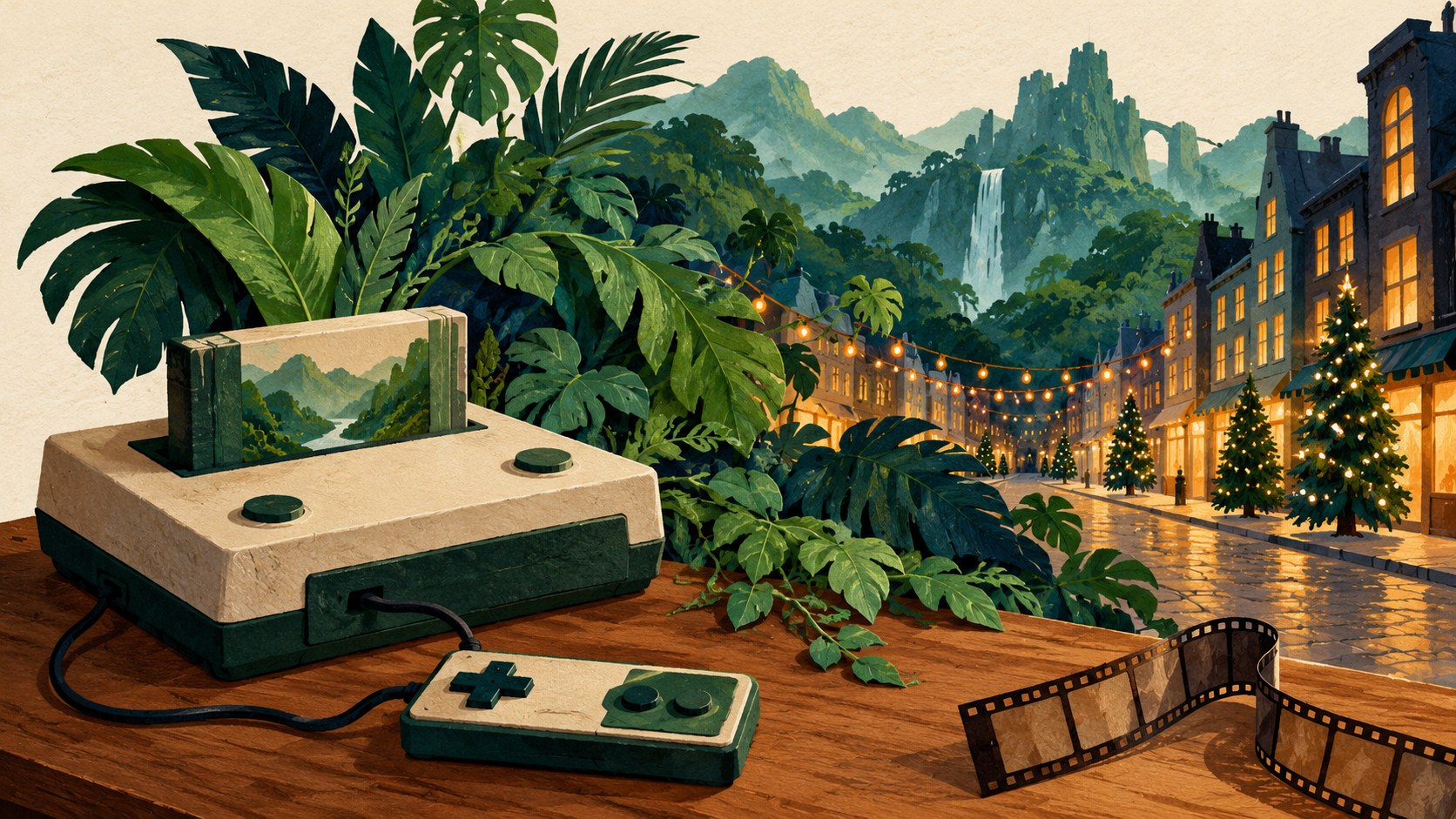 Illustration of an unbranded game console and controller beside jungle leaves, an imaginary festive street and a strip of film.