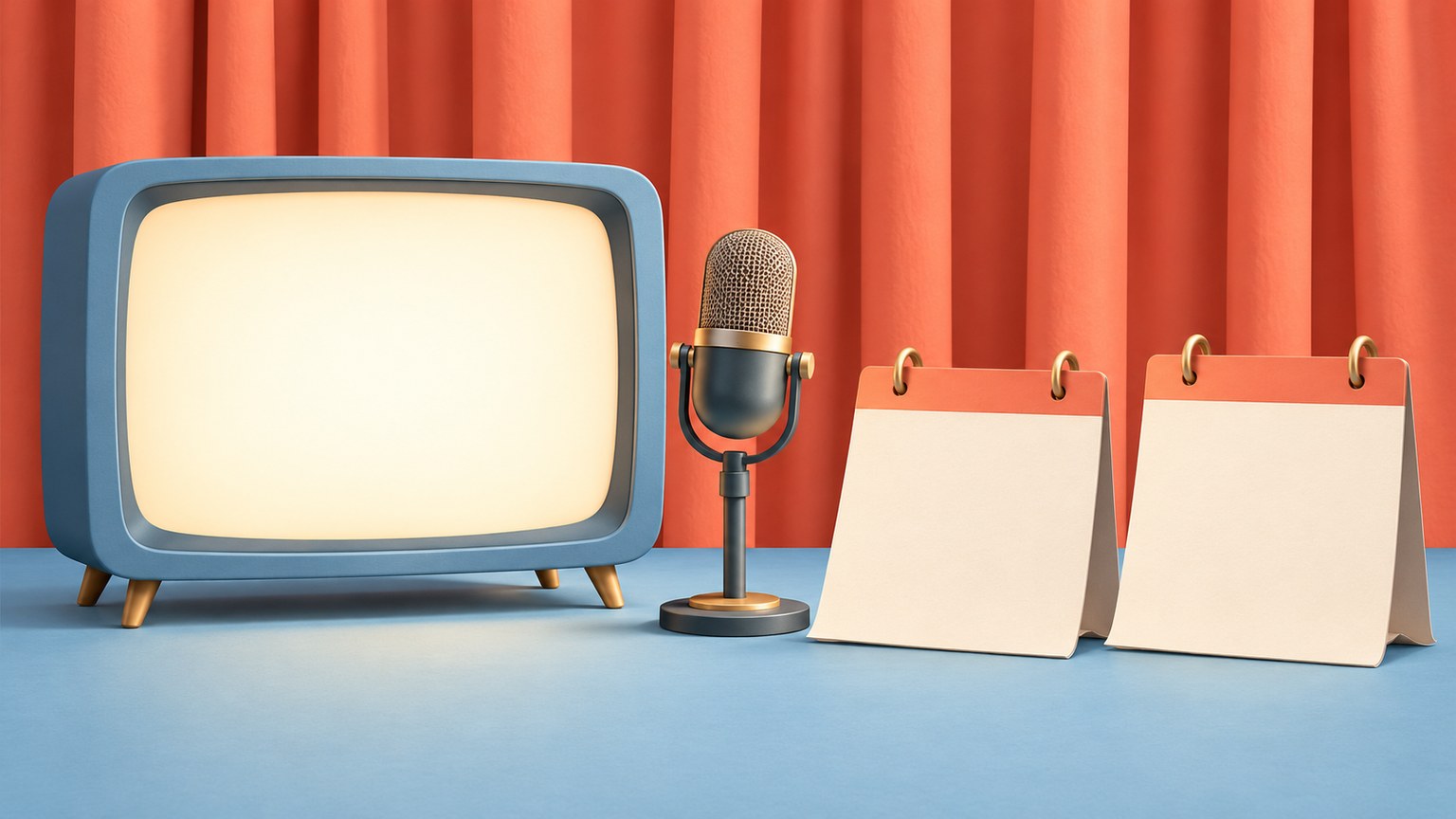 Ilustración conceptual de un televisor con pantalla vacía, un micrófono y dos hojas de calendario sin texto ante una cortina coral.
