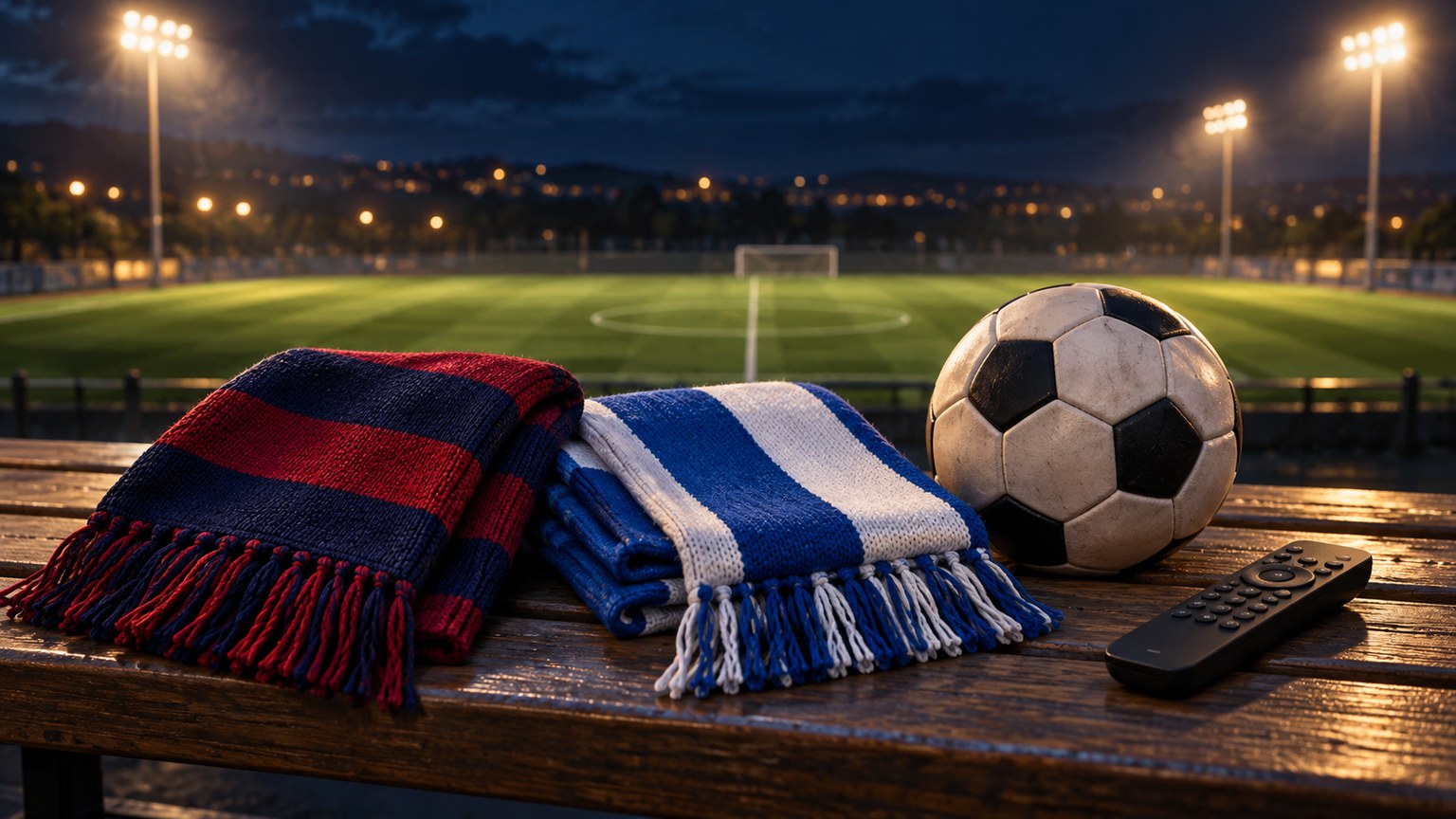 Conceptual illustration of navy and red and blue and white scarves beside a football and remote, with a floodlit pitch in the background.