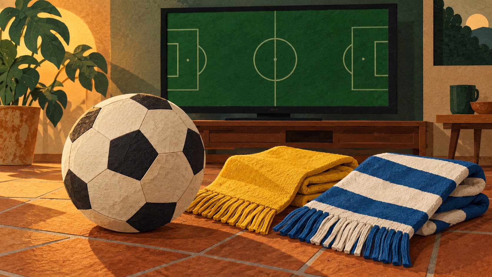 Ilustración de un balón, bufandas amarilla y blanquiazul y una pantalla con un campo de fútbol imaginario.