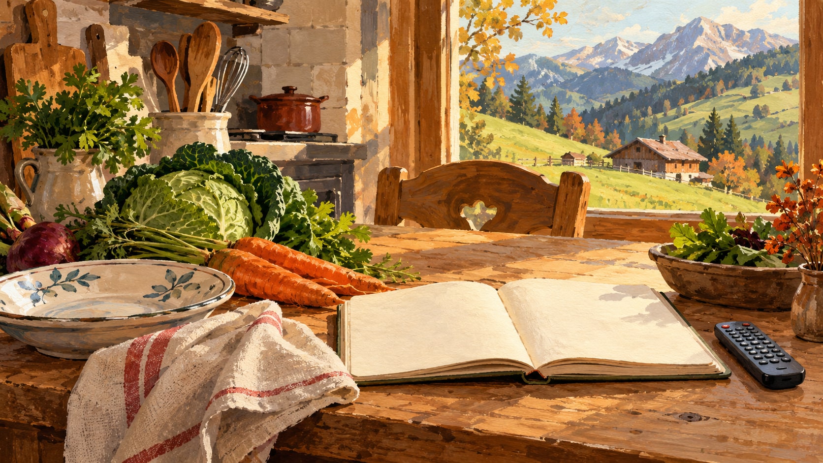 Illustration einer erfundenen Bauernküche mit Gemüse, leerem Rezeptbuch und Fernbedienung vor einem Fenster mit Alpenlandschaft.