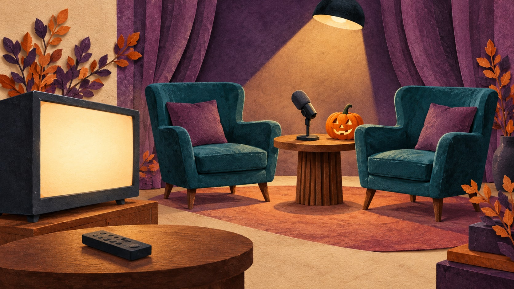 Illustration of two empty armchairs, a microphone and pumpkin beside a blank television and remote, framed by purple curtains.