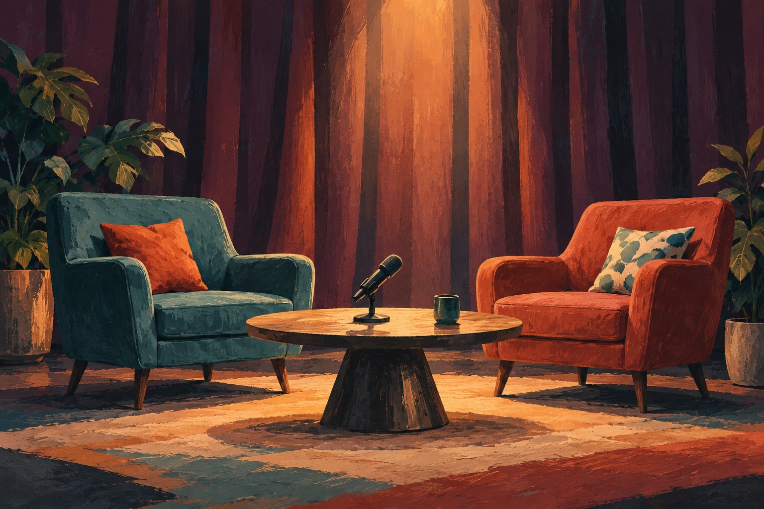 Painted illustration of two empty armchairs and a microphone on a round table in a softly lit studio.