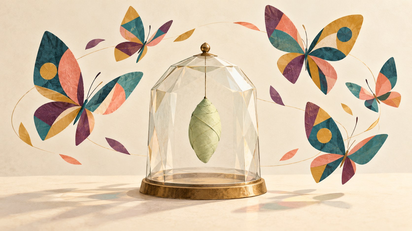 Illustration of a plain cocoon under a glass dome, surrounded by butterflies with abstract multicolored wings.