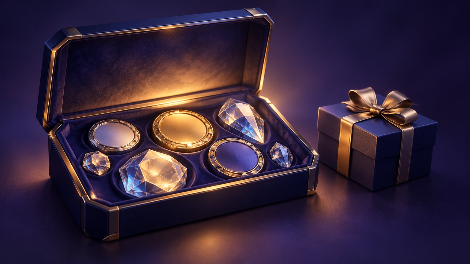 Conceptual illustration of an open blue collector’s case with blank medallions and glass tokens beside an unmarked gift box.