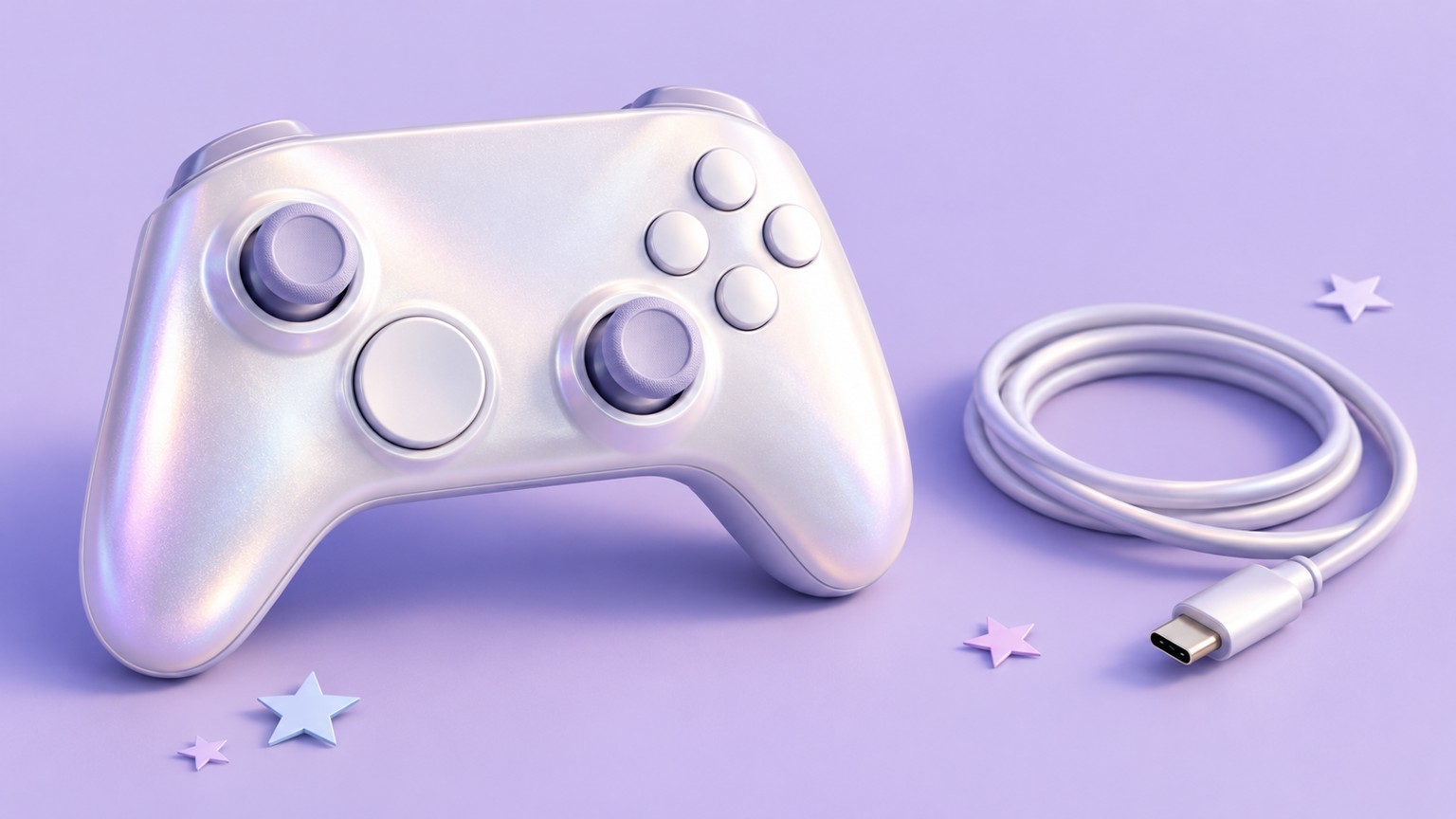 Conceptual illustration of an unbranded pearl-coloured gamepad beside a separate USB cable on a lavender desk.