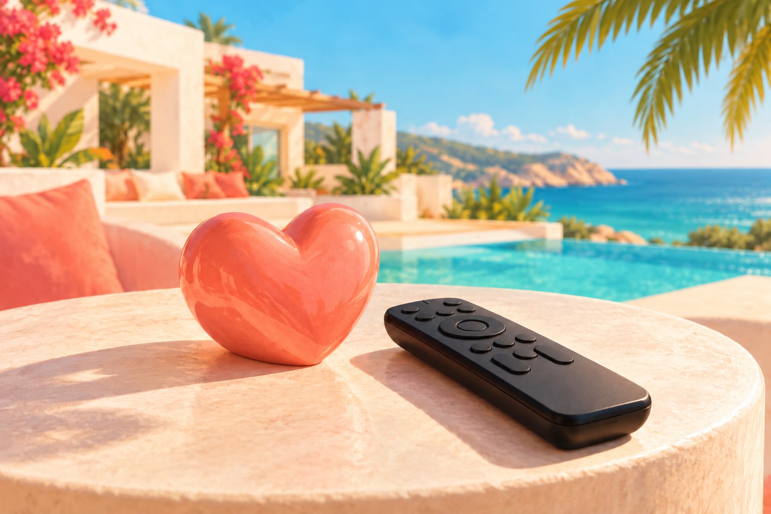 Illustration of a coral heart and a plain television remote on a sunny terrace beside an imaginary coastal villa.