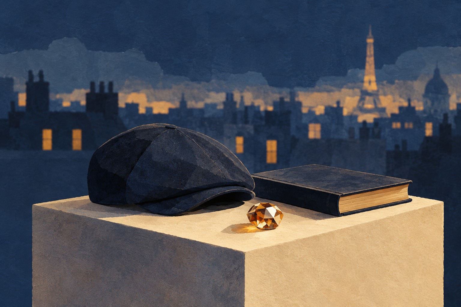 Gouache-style illustration of a flat cap, closed book and amber jewel on a plinth above Paris rooftops.