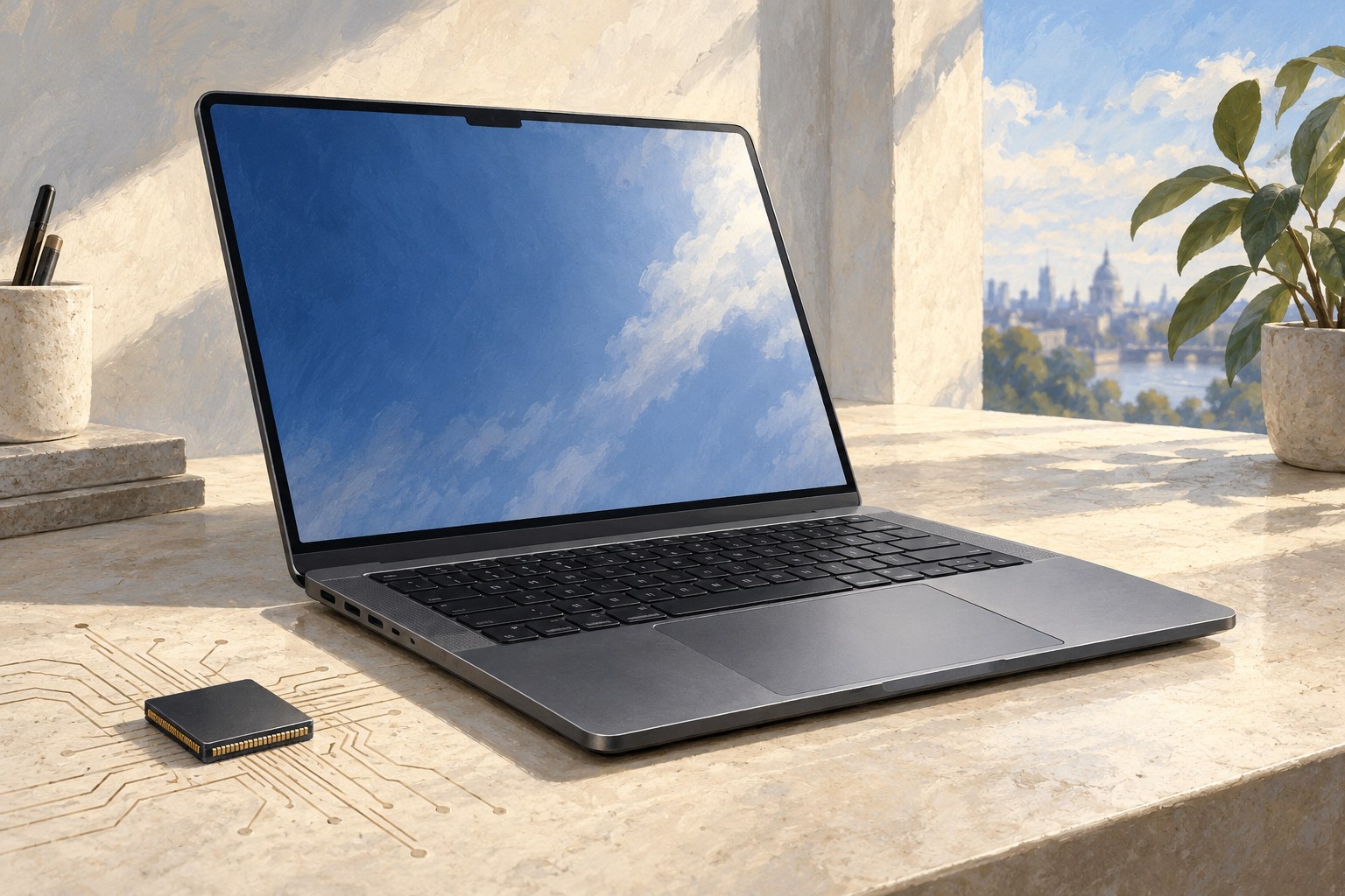 Painted illustration of a dark laptop with a blue screen beside a small unmarked computer chip.