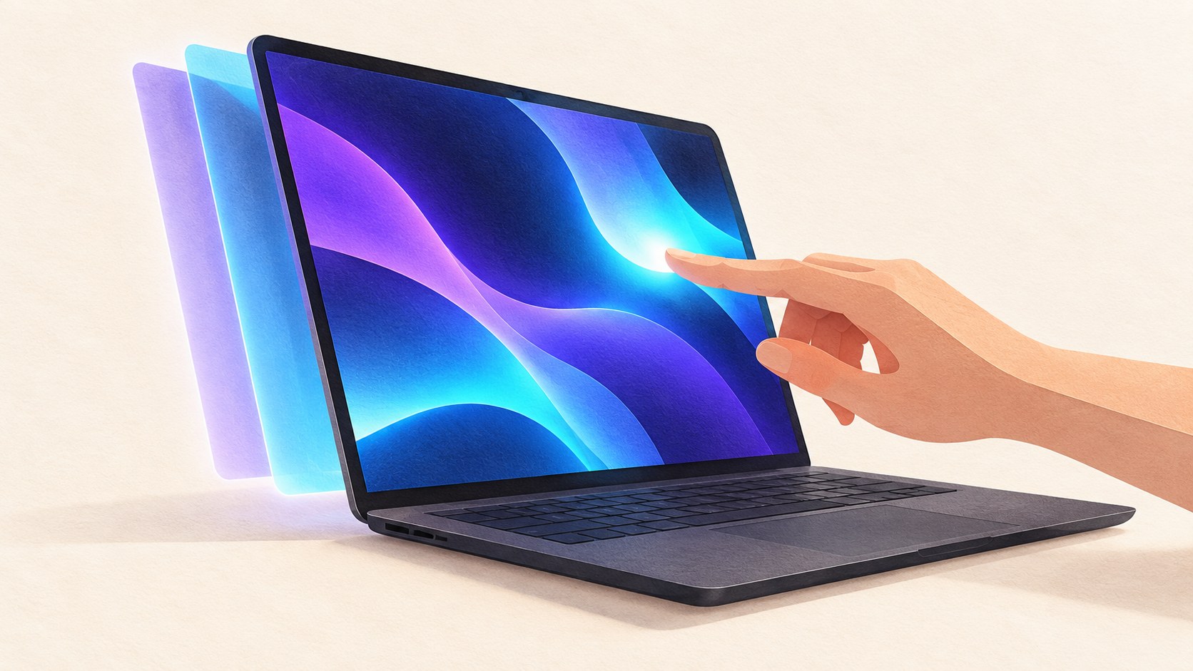 Illustration of a hand touching an unbranded laptop screen, with abstract blue and violet light and two translucent layers behind it.