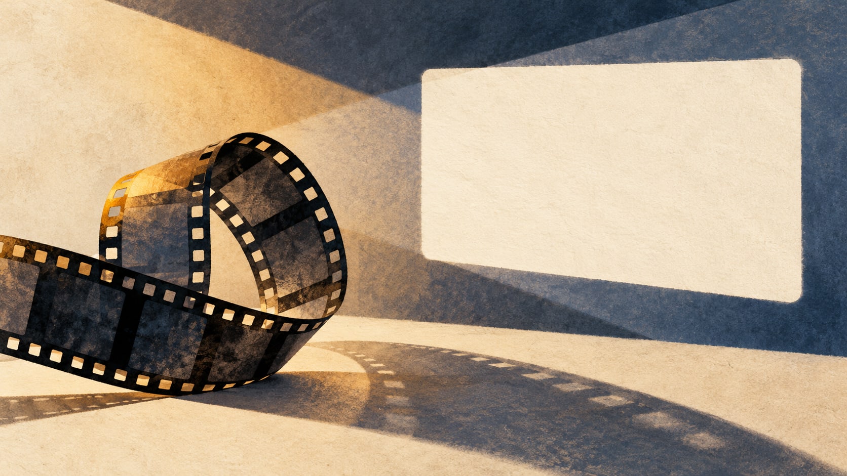 Illustration of a curling filmstrip beside a blank projection window and overlapping shadows on a paper background.