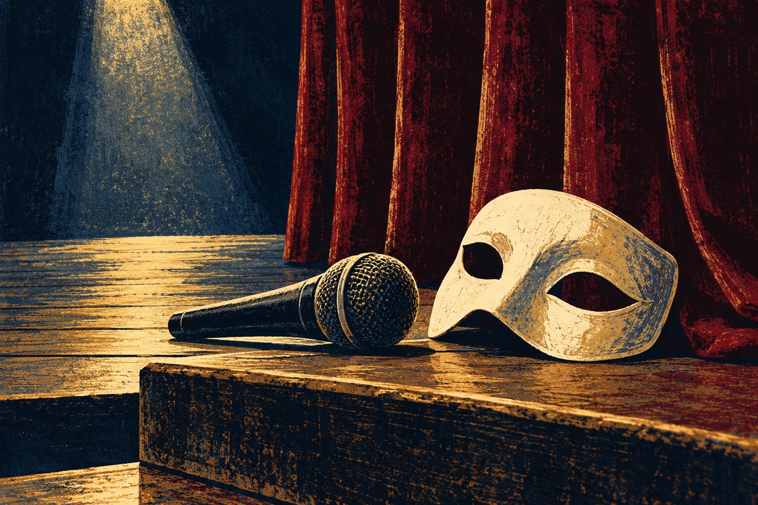 Druckgrafische Illustration einer schlichten Theatermaske und eines Mikrofons auf einer Bühnenstufe vor einem Vorhang.