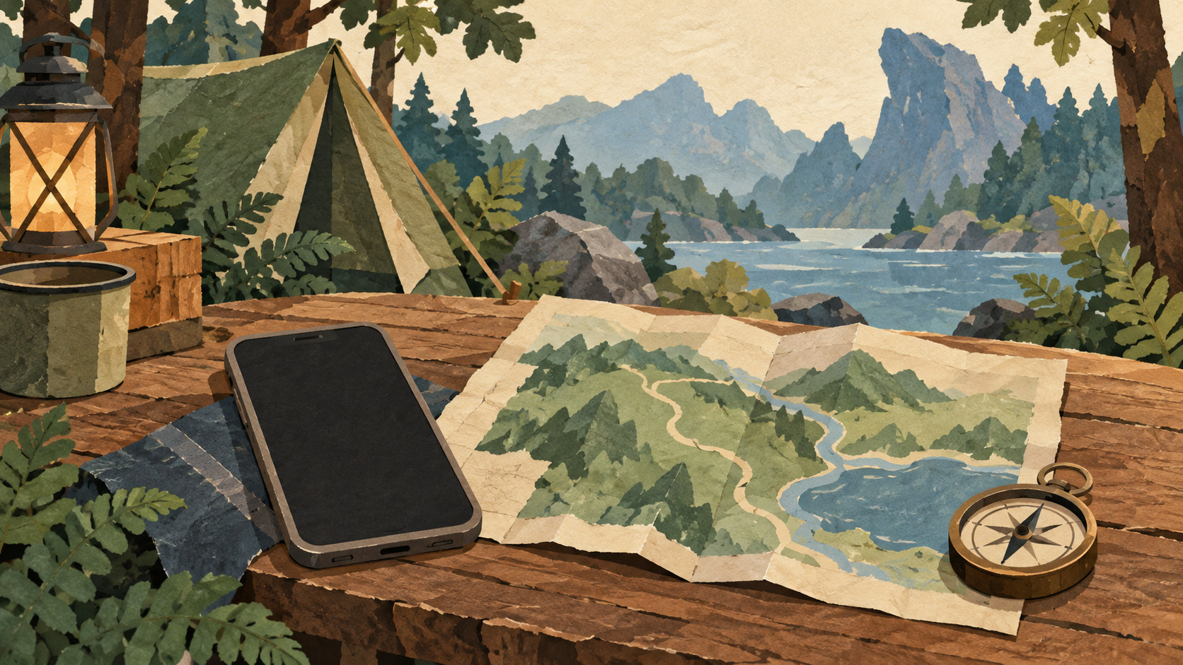 Illustration eines Smartphones mit leerem Bildschirm neben einer unbeschrifteten Karte und einem Kompass an einem erfundenen Waldlager.