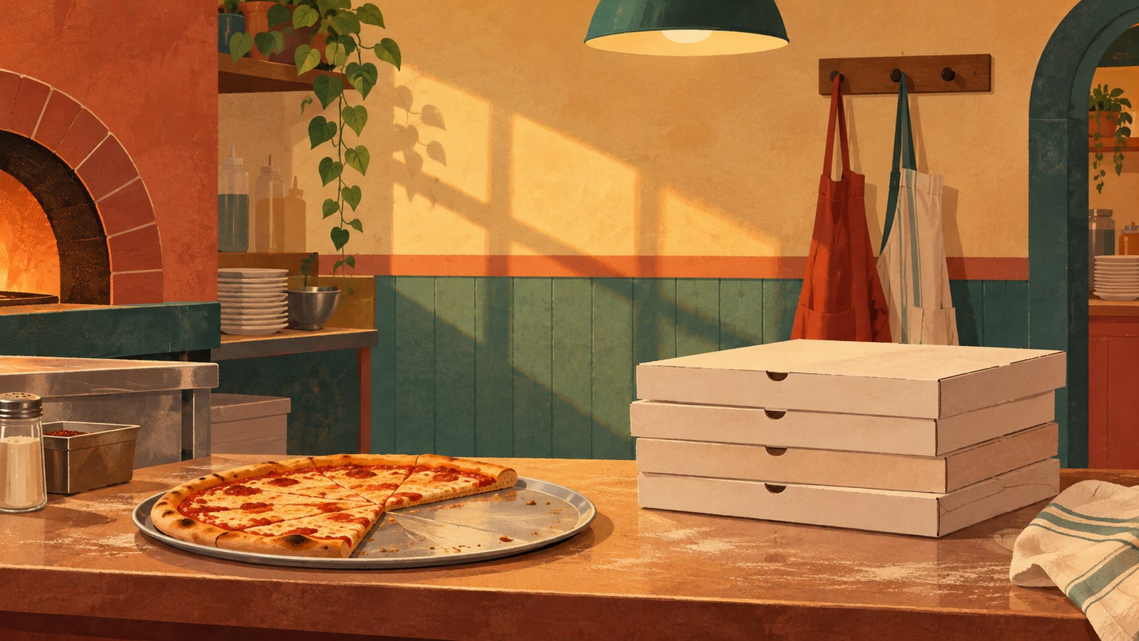 Illustration of a pizza shop counter with a pizza, unmarked takeaway boxes and hanging aprons.