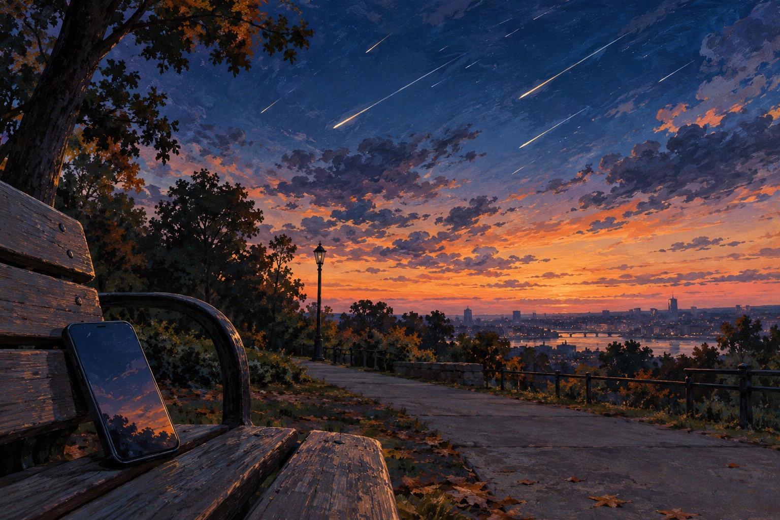 Painted editorial illustration of meteors over a park at dusk, with a phone resting against a bench.