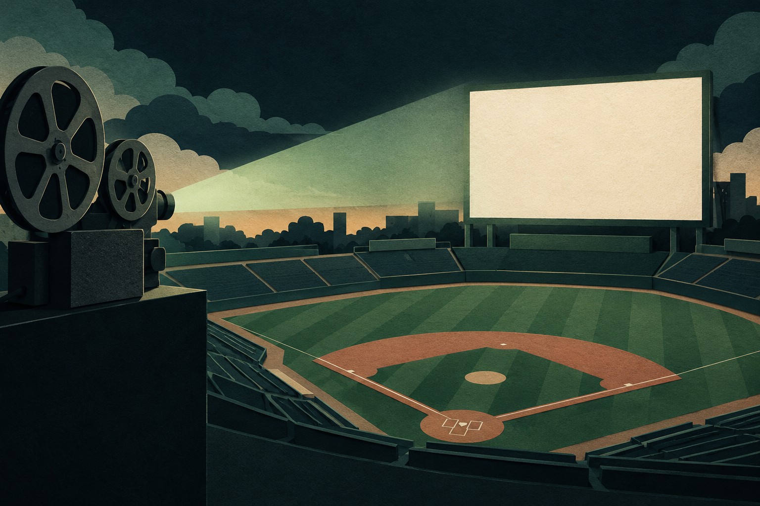 Paper-collage illustration of an empty baseball field and a film projector casting a green beam onto a blank screen.
