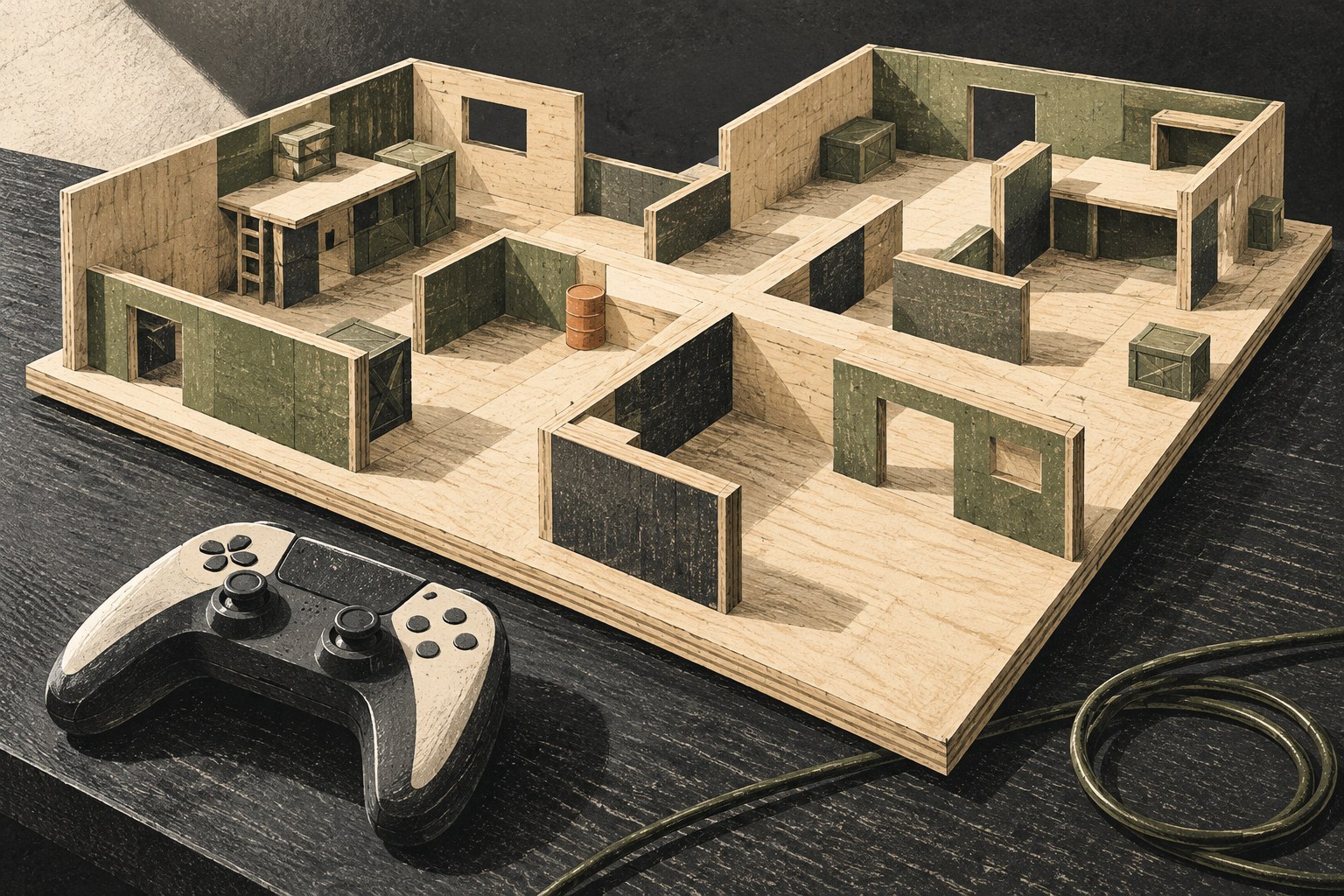 Print-style illustration of a plywood model of an imaginary training arena beside a generic game controller and cable.