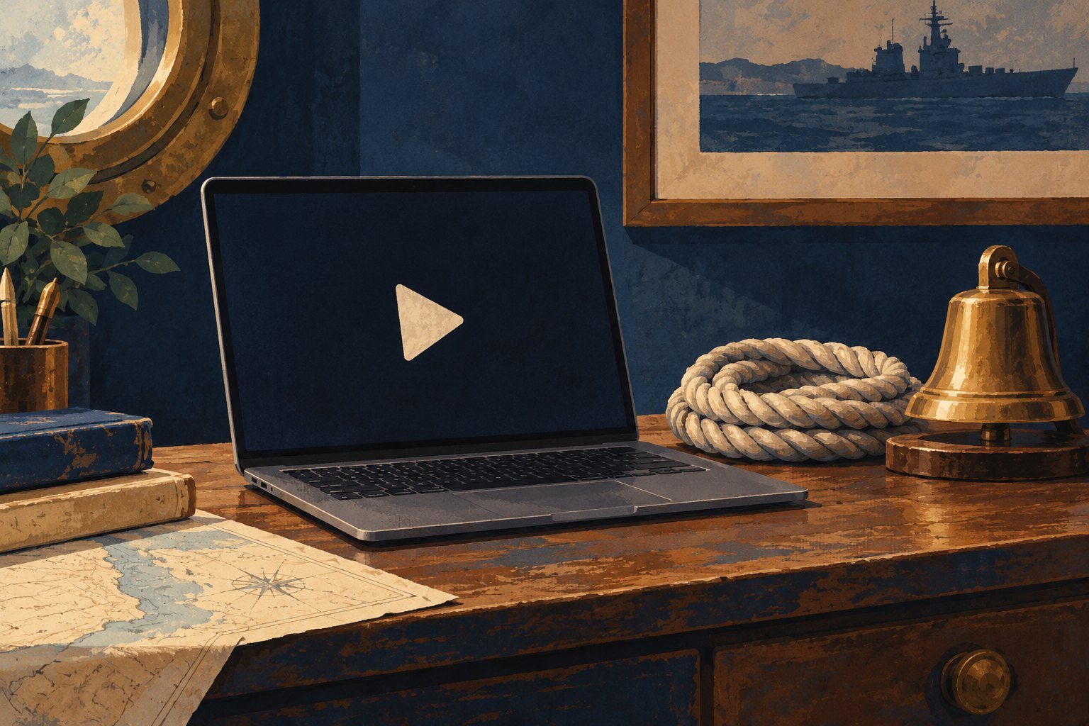 Illustration of a laptop with a play symbol beside coiled rope and a brass ship's bell.