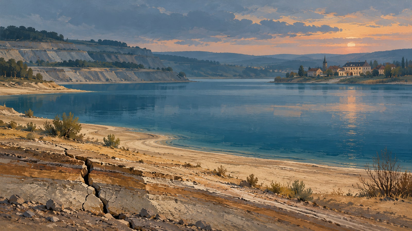 Illustration eines Sees in einer ehemaligen Tagebaulandschaft mit rissigem Ufer und einem Dorf im Abendlicht.