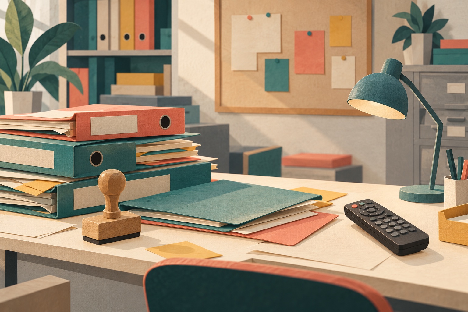 Illustration eines Büroschreibtischs mit Aktenordnern, Stempel, Lampe und einer Fernbedienung.
