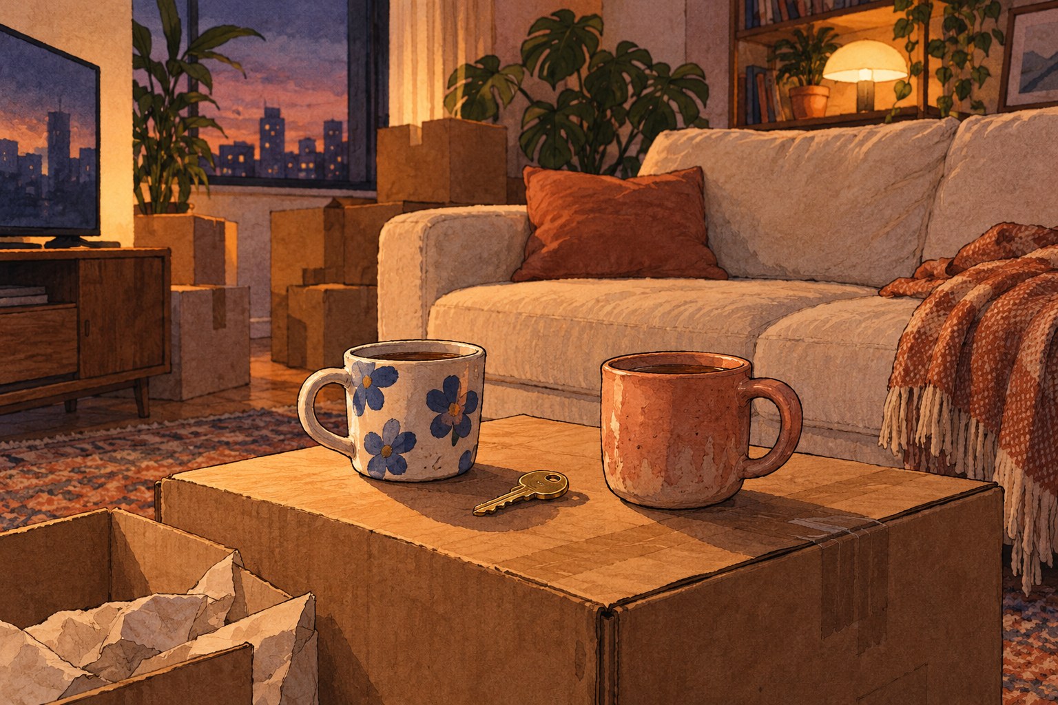 Ink and watercolor illustration of two mugs and a house key on a moving box beside an empty sofa.