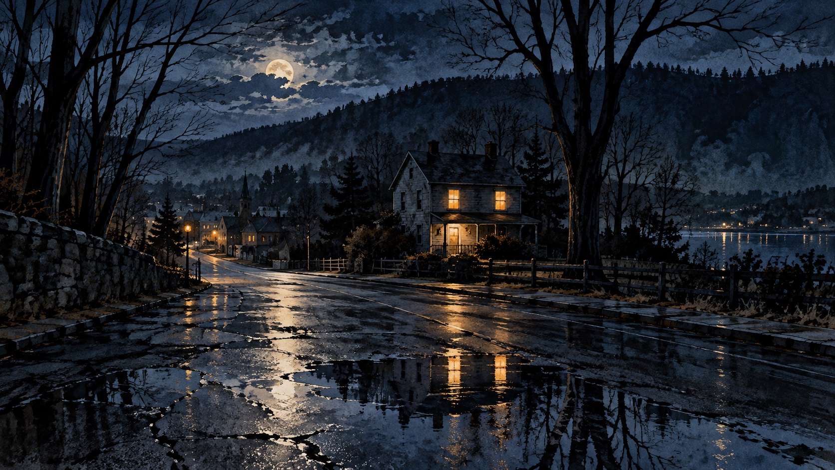 Illustration of a quiet town street, a house with lit windows and wooded hills beneath a night sky.