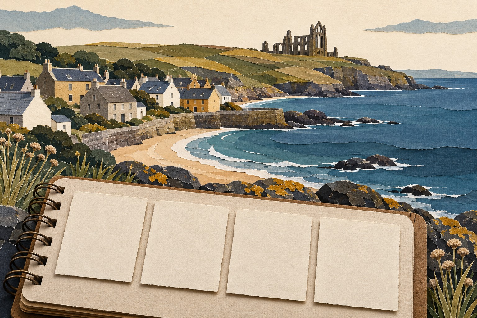 Paper collage of a coastal village and distant stone priory, with four blank paper cards on a notebook in the foreground.