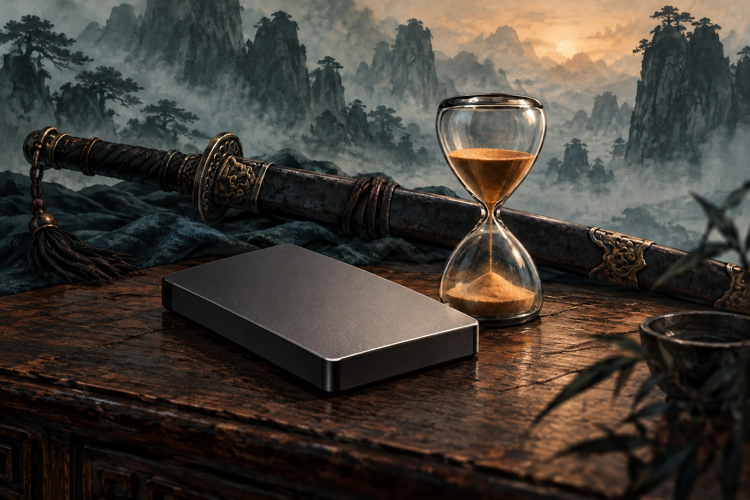 Illustration of a plain storage drive, an hourglass and a sheathed sword on a wooden desk, with misty mountains behind them.