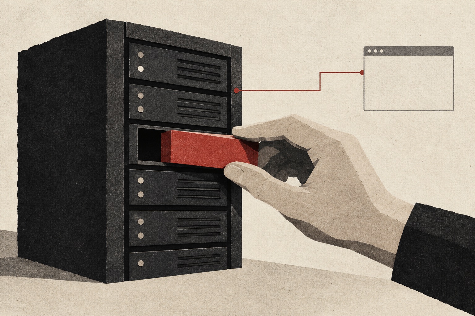 Paper-collage illustration of a hand fitting a red patch into a server cabinet connected to a website.
