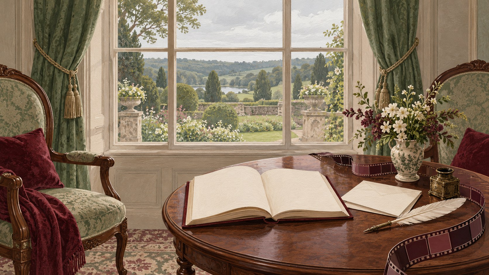 Illustration of a blank open book, letter and quill on a table, with two empty chairs, a filmstrip and a garden beyond the window.