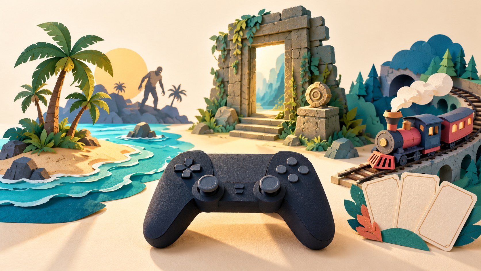 Illustration eines neutralen Controllers mit Palmeninsel, Zombie-Silhouette, Steintor, kleinem Zug und leeren Spielkarten.