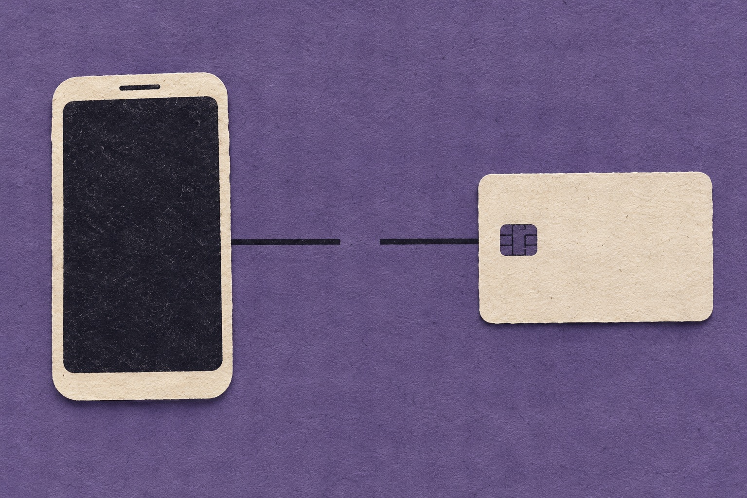 Cut-paper illustration of a smartphone and a payment card separated by a gap in their connecting line.