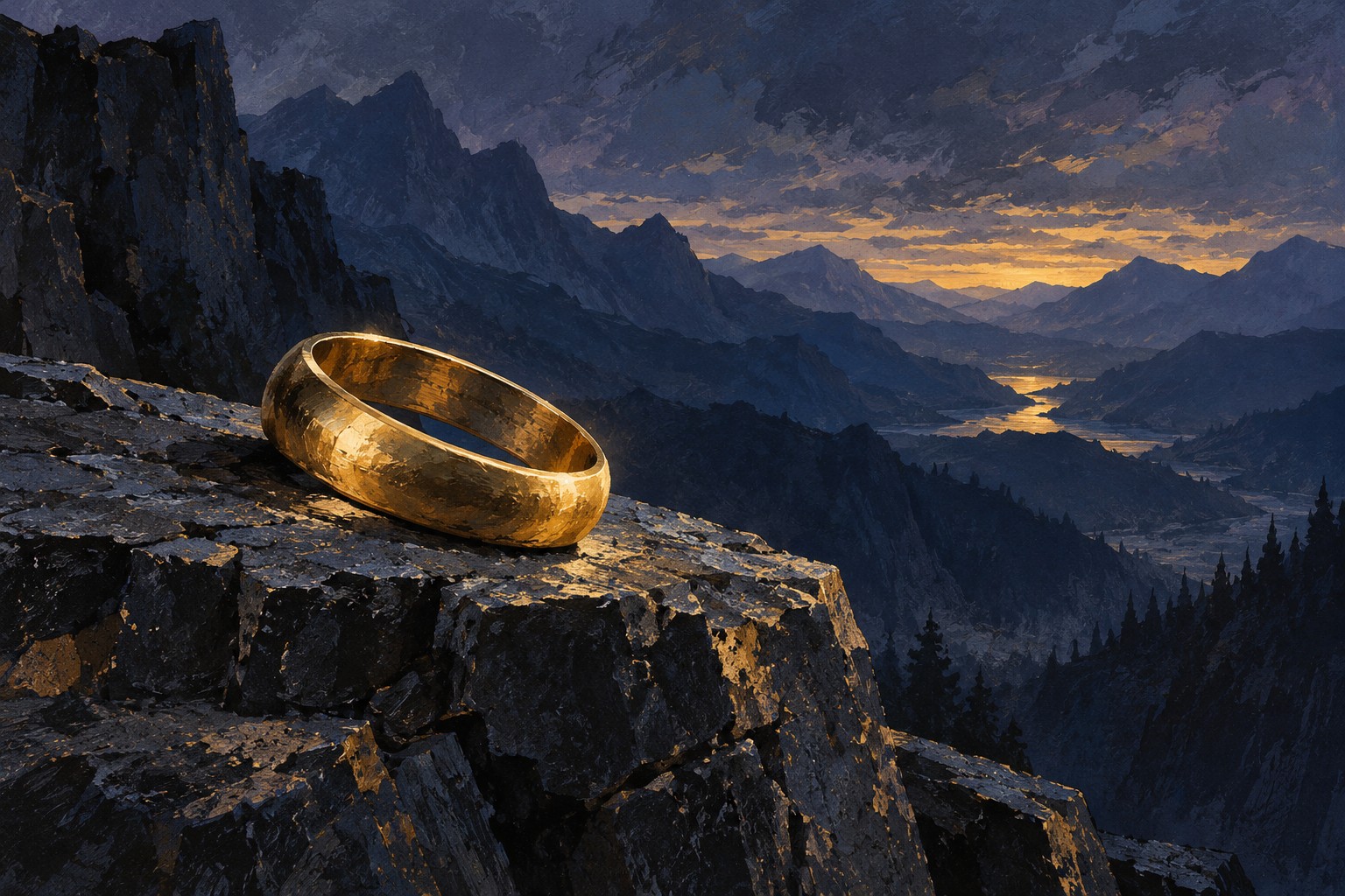 Gouache-style illustration of an uninscribed golden ring on a dark stone ledge above a mountain valley at twilight.