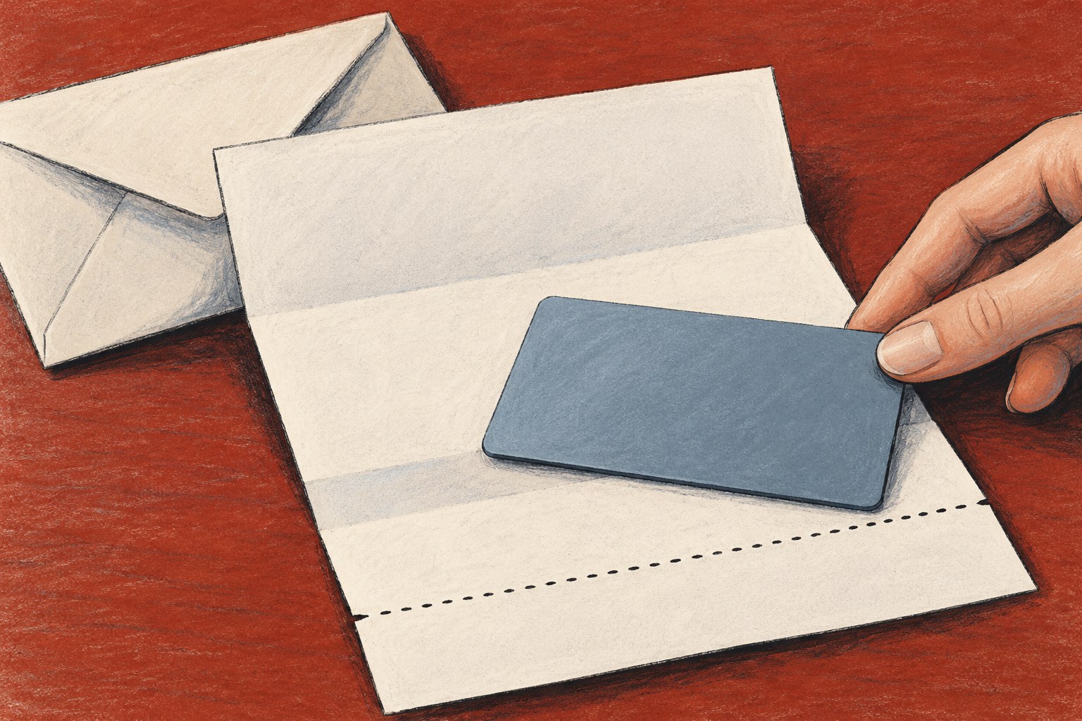 Pastel illustration of a hand placing a blank payment card over an unmarked paper bill beside an envelope.