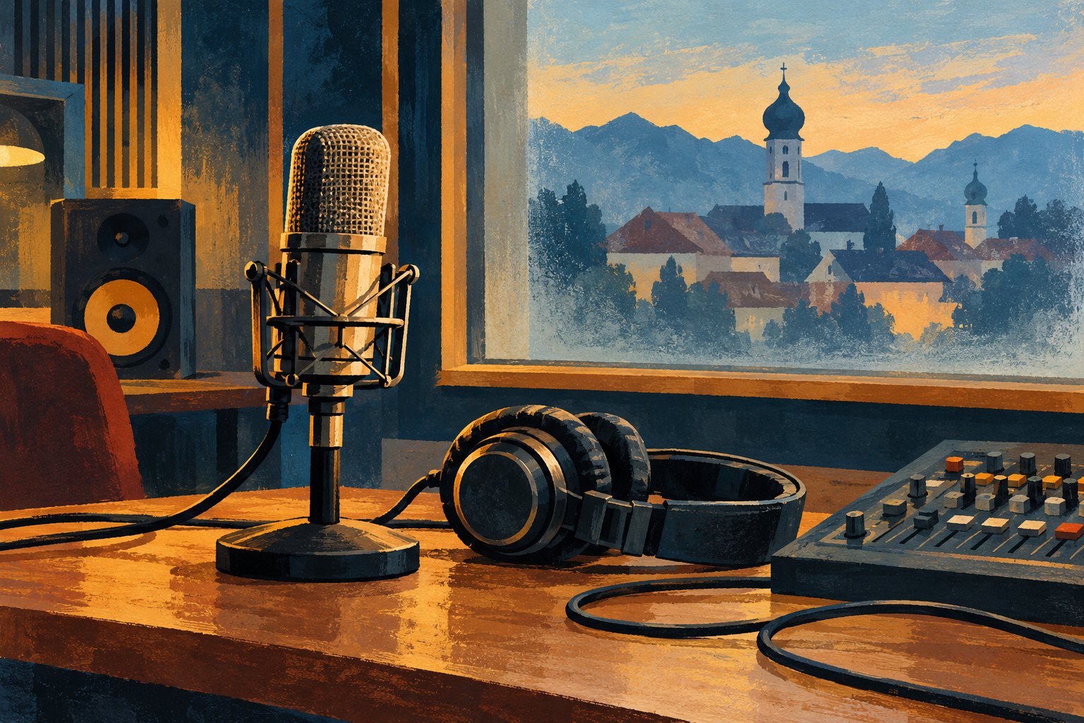 Illustration eines Studiomikrofons mit Kopfhörern und Mischpult vor einer bayerischen Stadtsilhouette.