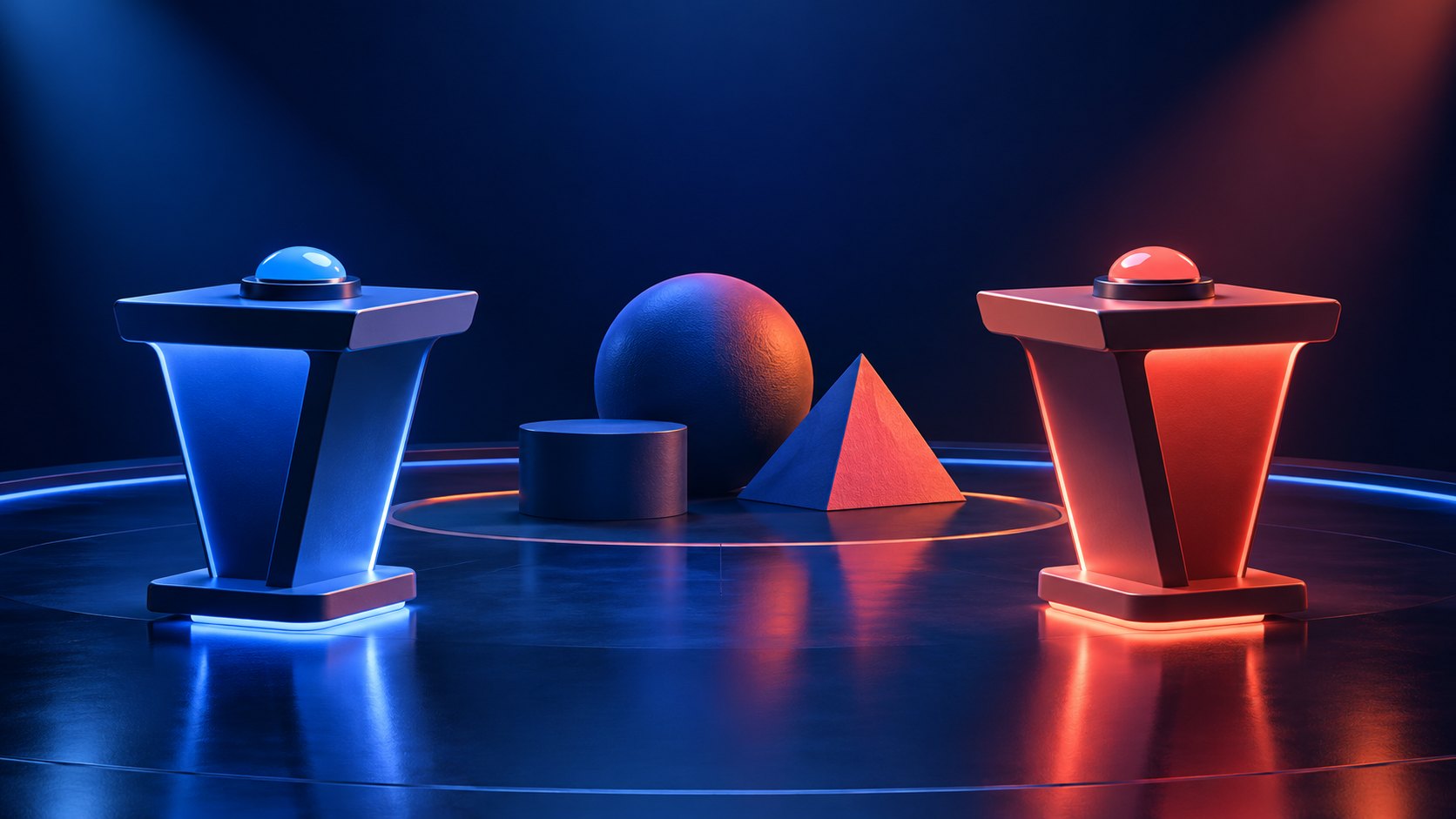 Illustration eines blauen und eines roten Spielpults mit Druckknöpfen und geometrischen Spielfiguren auf einer dunklen Bühne.