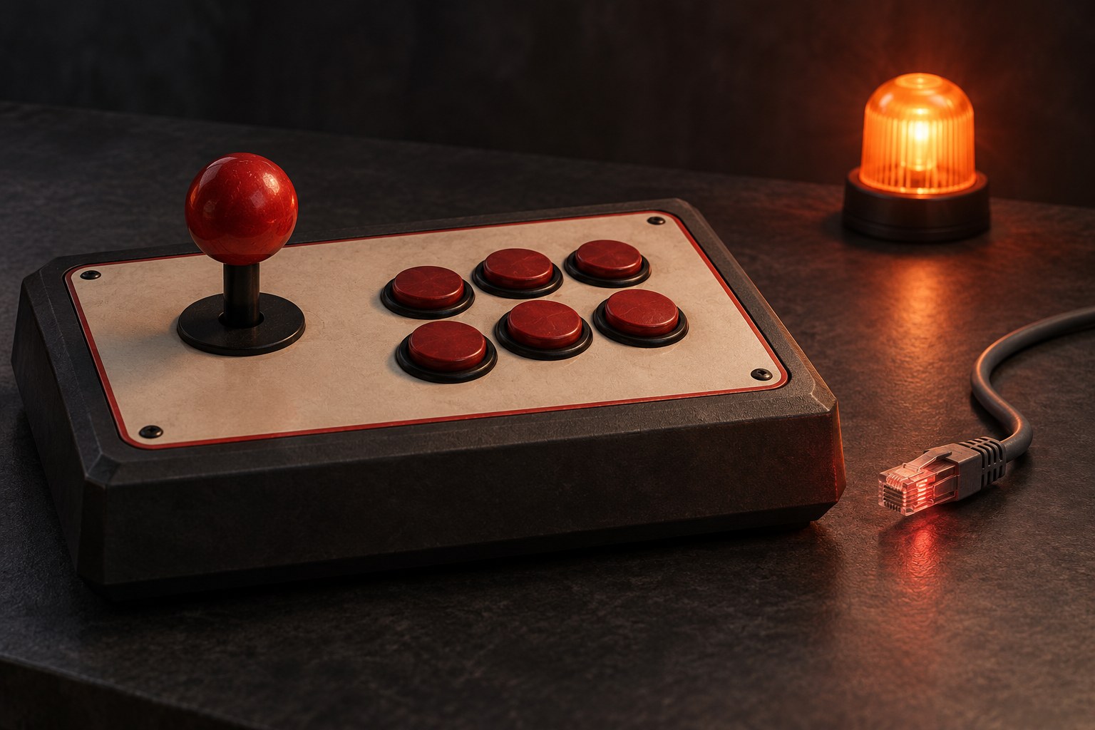 Illustration of an unbranded arcade controller beside a disconnected network cable and amber maintenance light.