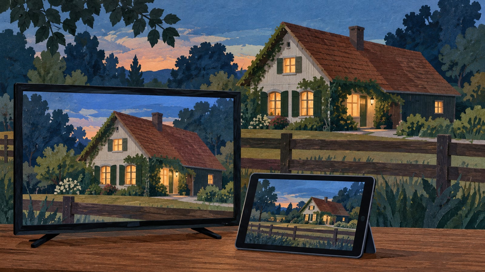 Illustration eines erfundenen Bauernhauses, das auch auf einem Fernseher und einem Tablet zu sehen ist.